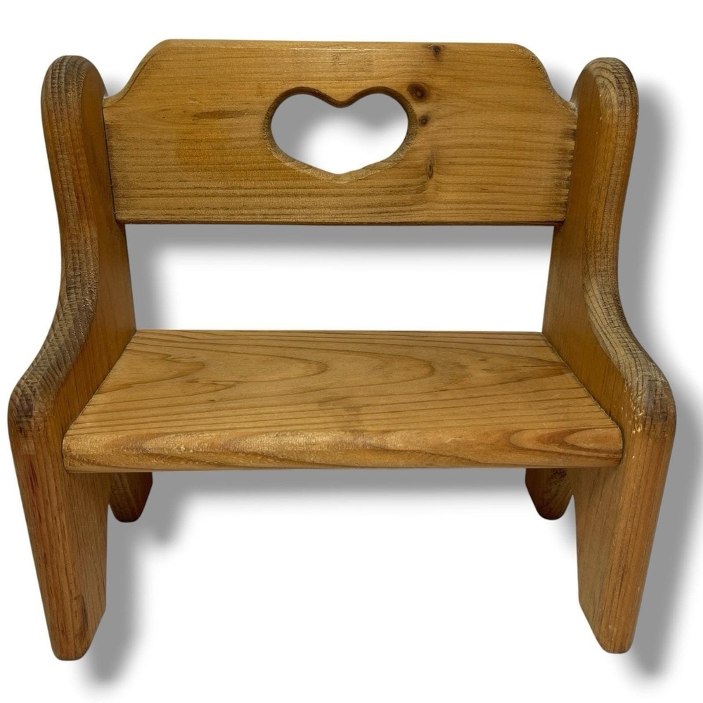 VTG Rustic Wooden Doll Bench Heart Cutout Country Folk Art Plant Stand Display - Picture 2 of 9
